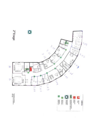 Plattegrond van de tweede etage van het gebouw aan de Laan van s-Gravenmade met genummerde kantoorruimtes en nooduitgangen.